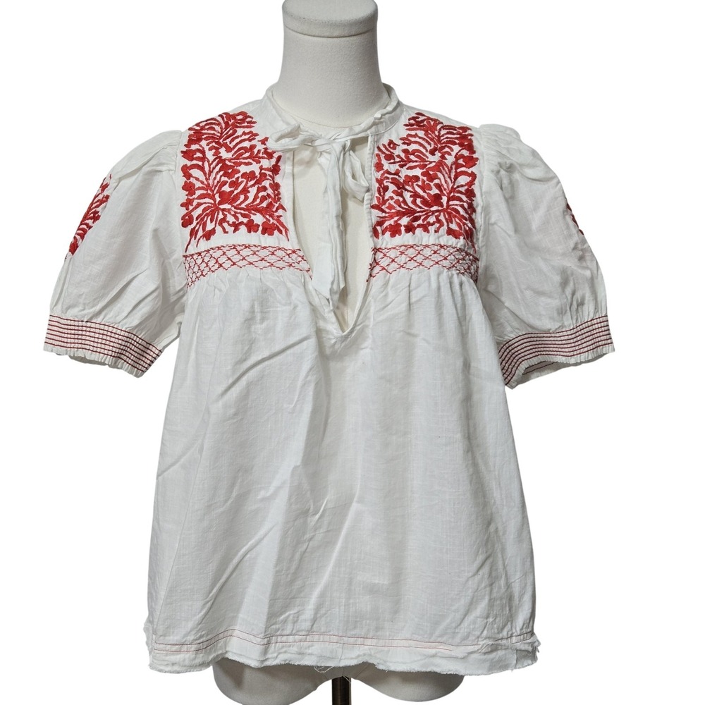 Free People Blouse Womens XS White Red Embroidered Floral Boho Peasant Tunic Top